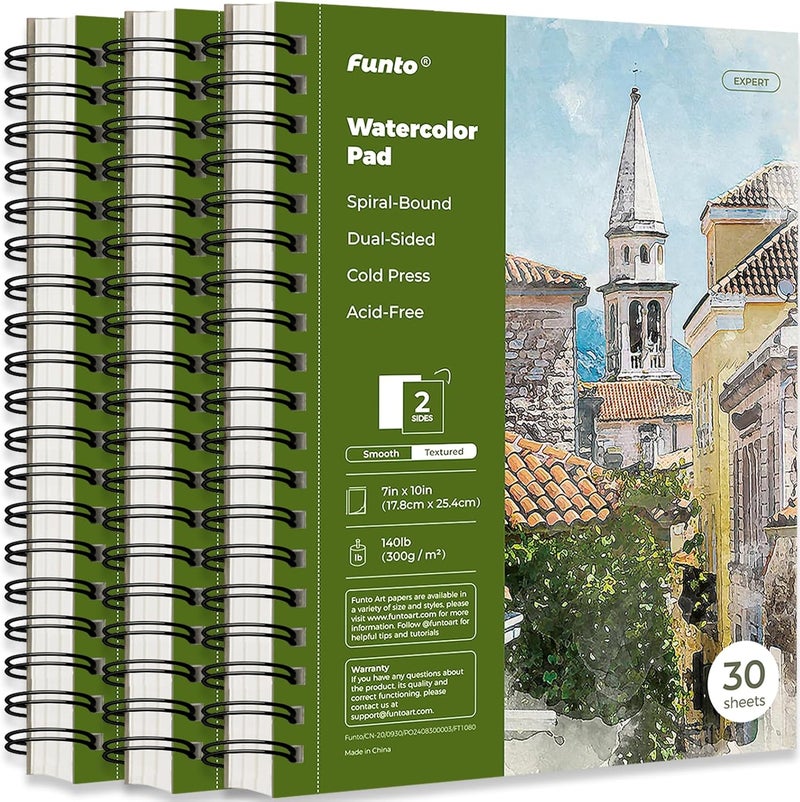 Funto Watercolor Pad 10x7, 3-Pack, 90 Sheets, 140 lb/300 GSM, Double-Sided, Cold Press, Spiral Bound, Heavyweight Paper for Watercolor Painting - Image 1